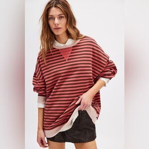 We The Free Coral and Chocolate Classic Striped Oversized Crewneck Size Small